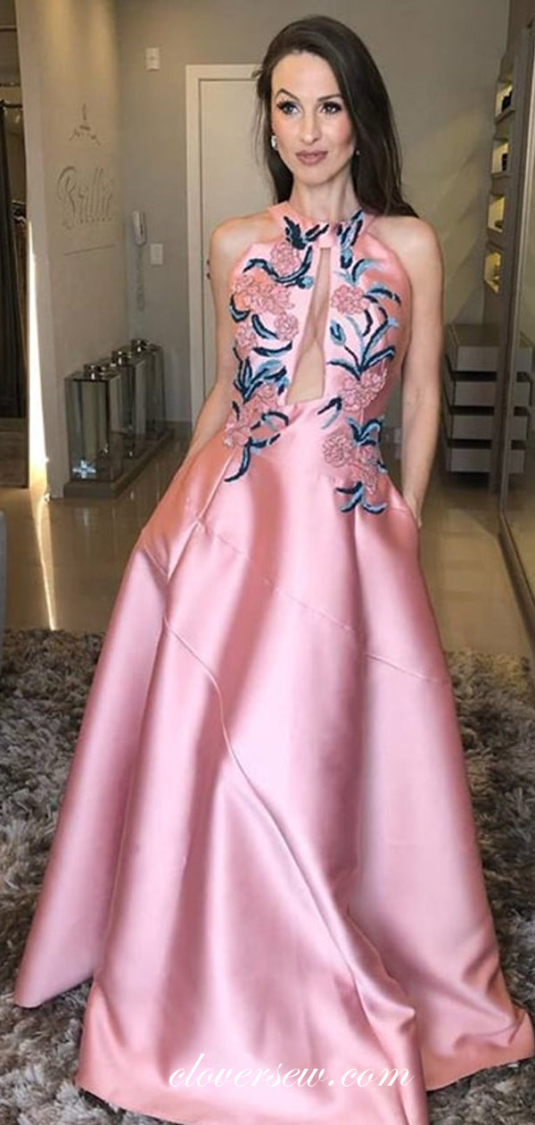 Pink Satin Floral Embroidery A-line Prom Dresses, CP0625