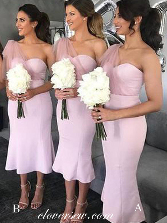 Pink Satin One Shoulder Sheath Mismatched Bridesmaid Dresses, CB0150