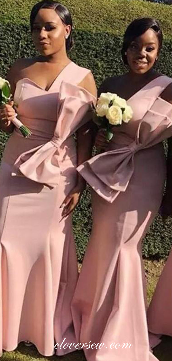 Pink Satin One Shoulder With Bowknot Sheath Bridesmaid Dresses,CB0169