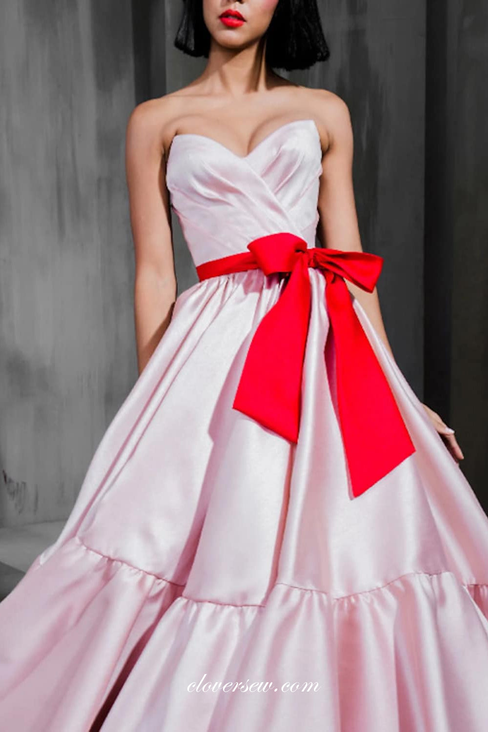 Pink Satin Red Bow Belt Sweetheart Strapless A-line Prom Dresses, CP0774