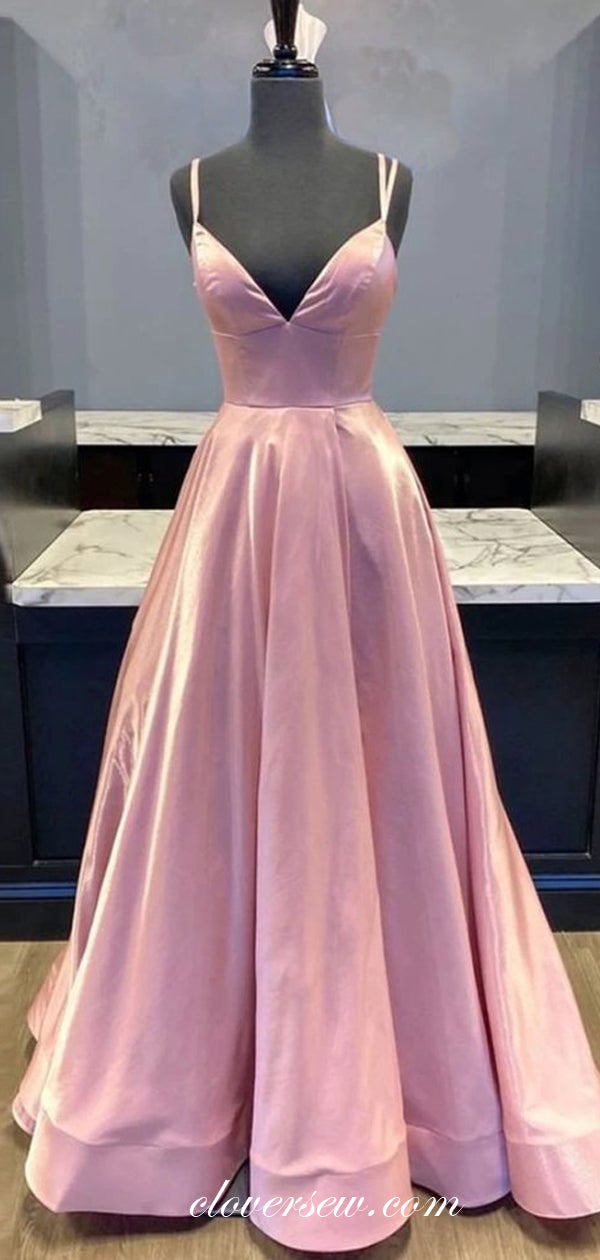 Pink Satin Spaghetti Strap A-line Fashion Prom Dresses , CP0590