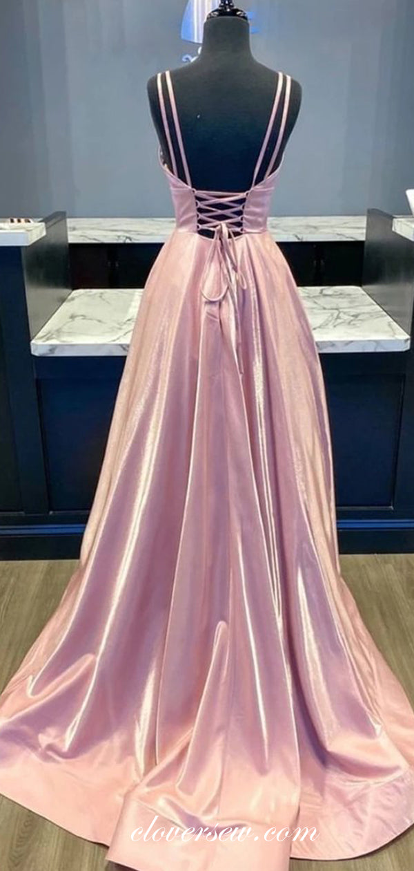 Pink Satin Spaghetti Strap A-line Fashion Prom Dresses , CP0590