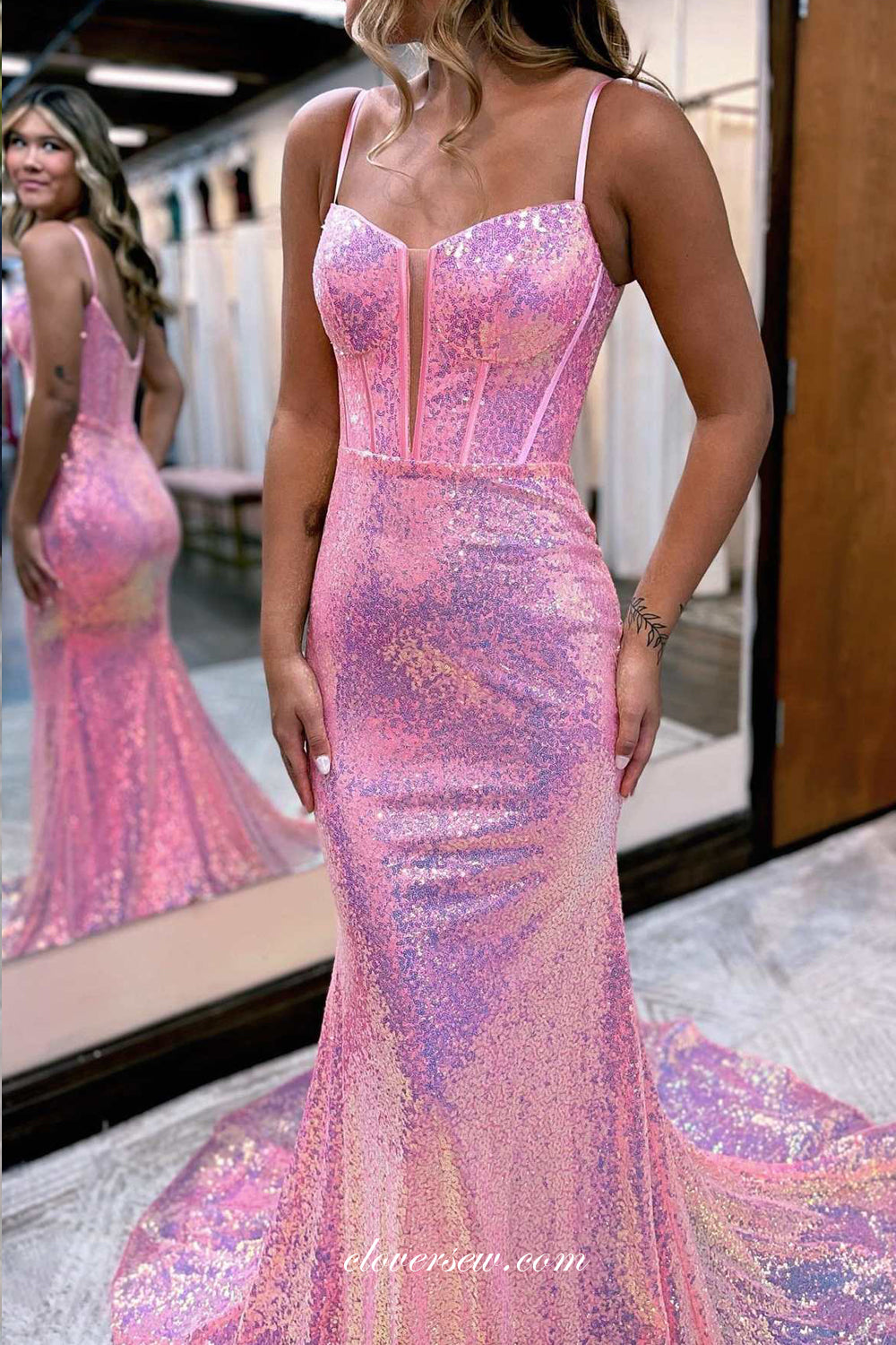 Pink Sequin Fashion Mermaid Sleeveless Shiny Prom Dresses, CP0898