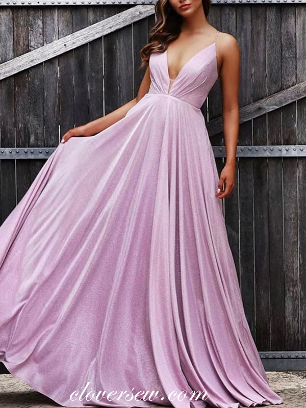 Pink Shiny Satin Spaghetti Strap Backless Prom Dresses, CP0674