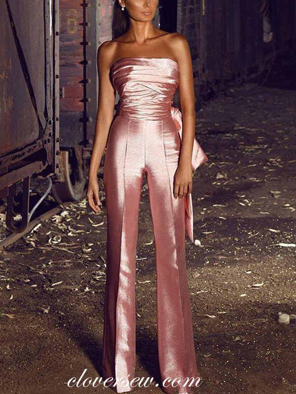 Pink Soft Satin Strapless Pleat With Bowknot Fashion Jumpsuit, CP0652