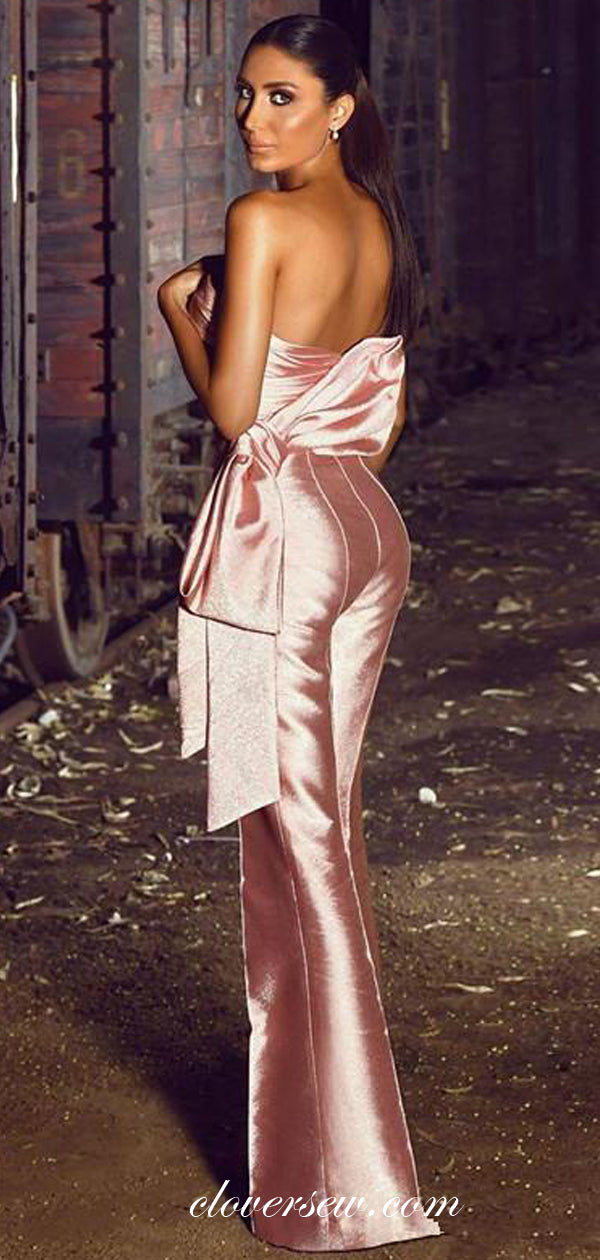 Pink Soft Satin Strapless Pleat With Bowknot Fashion Jumpsuit, CP0652
