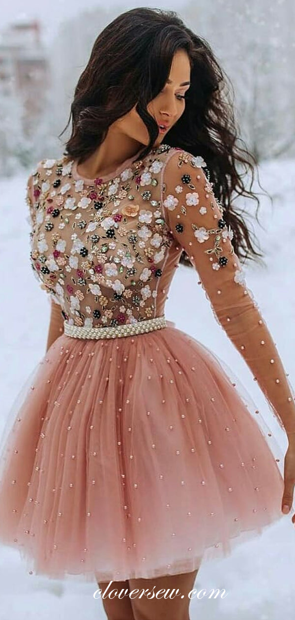 Pink Tulle See Through Long Sleeves Bead Applique Homecoming Dresses ,CH0008