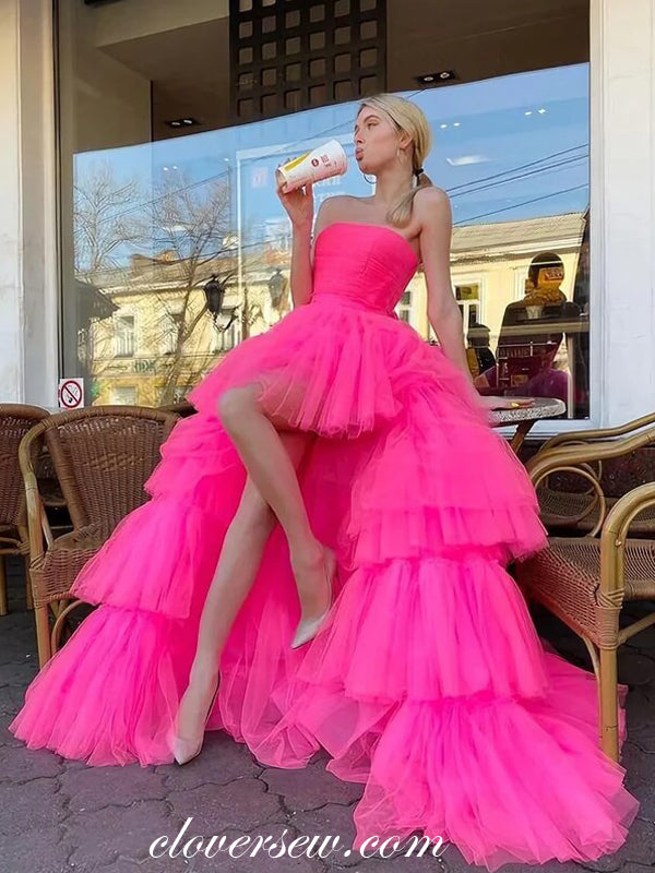 Pink Tulle Strapless Tiered High Low Charming Prom Gown, CP0963
