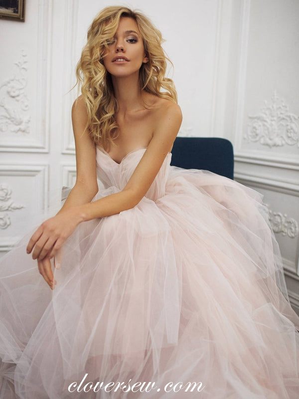 Pink Tulle Sweetheart Strapless Ruffles A-line Wedding Dresses, CW0220