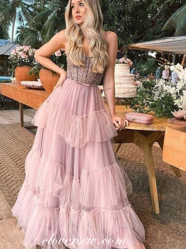 Pink Tulle Tiered A-line Spaghetti Strap Sweetheart Fashion Prom Dresses, CP0873