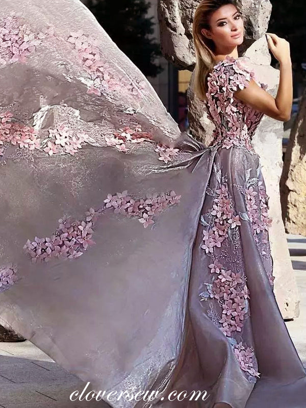 Pink 3D Applique Short Sleeves Detachable Skirt Prom Dresses, CP0103