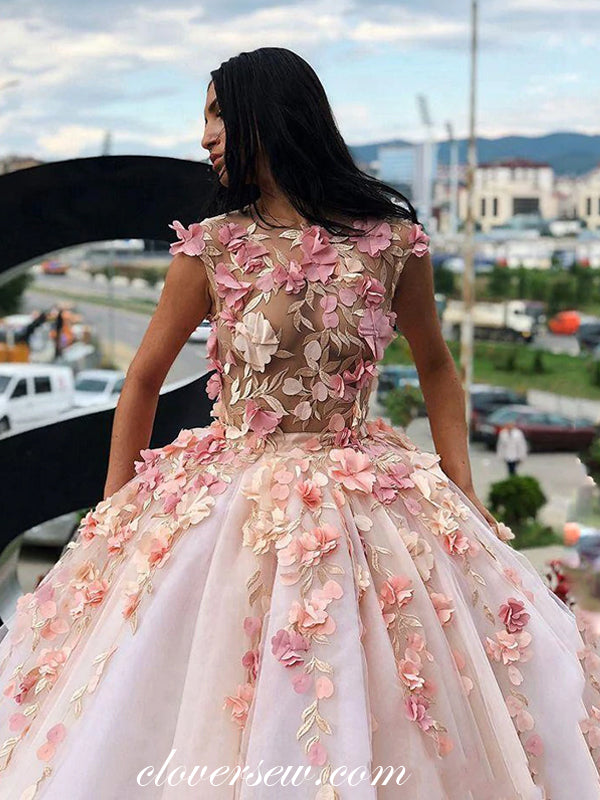 Pink 3D Floral Applique Cap Sleeves Ball Gown Prom Dresses,CP0425