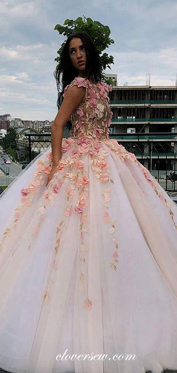 Pink 3D Floral Applique Cap Sleeves Ball Gown Prom Dresses,CP0425