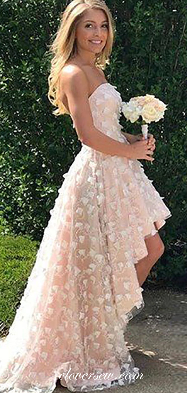 Pink 3D Lace High Low Strapless A-line Prom Dresses, CP0461