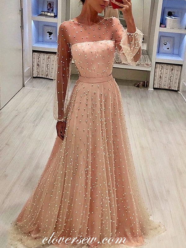 Pink Beaded Tulle Long Sleeves Illusion Neckline A-line Prom Dresses ,CP0236