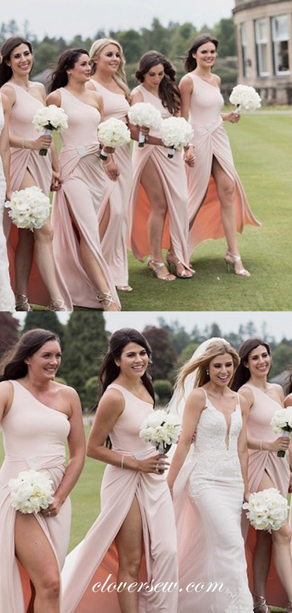 Pink Jersey One Shoulder Column High Slit Column Bridesmaid Dresses , CB0065