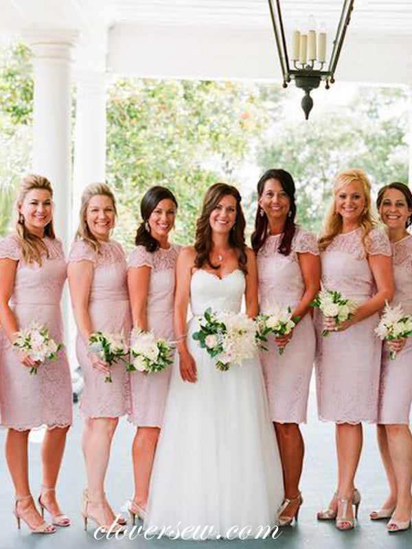Pink Lace Cap Sleeves Sheath Knee Length Bridesmaid Dresses, CB0079