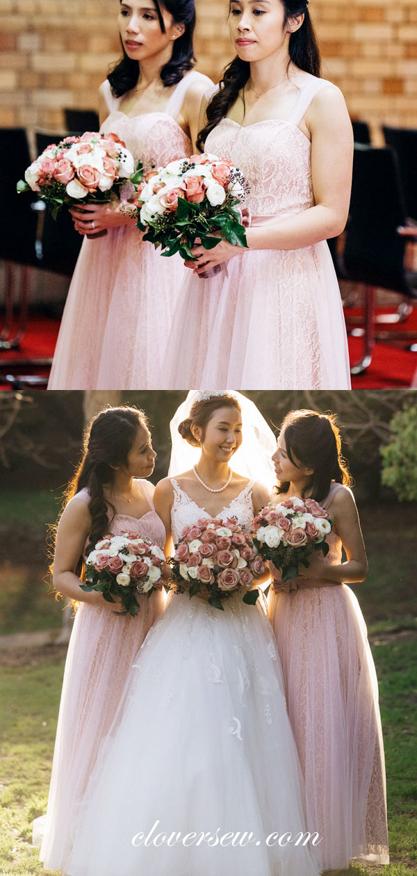 Pink Lace Tulle Sleeveless A-line Long Bridesmaid Dresses, CB0010