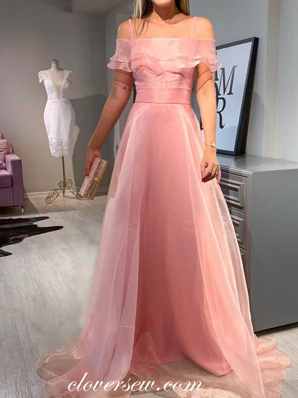 Pink Organza Spaghetti Strap Off The Shoulder A-line Prom Dresses,CP0291
