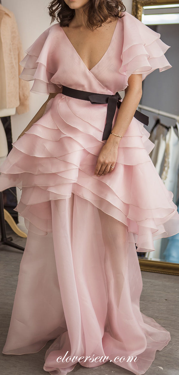 Pink Organza Tiered Half Sleeves Fashion Design Prom Dresses ,CP0301