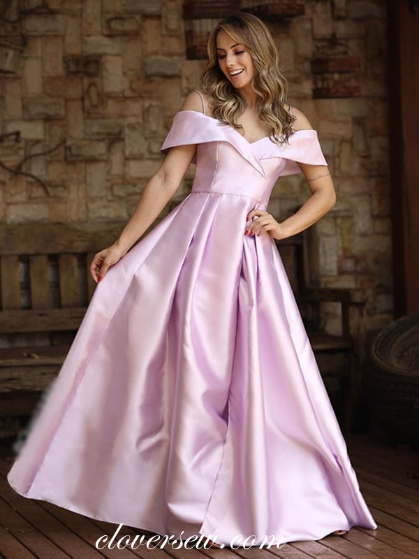 Pink Satin Off The Shoulder A-line Simple Prom Dresses,CP0407