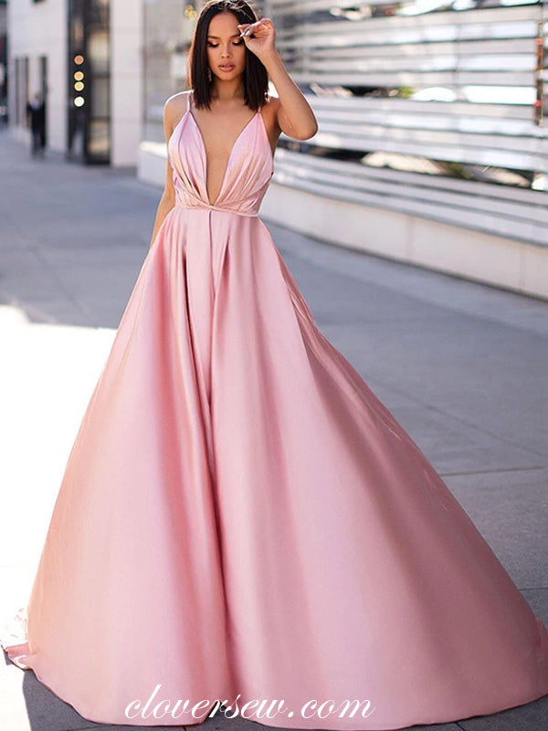 Pink Satin Pleat Spaghetti Strap A-line Prom Dresses,CP0417