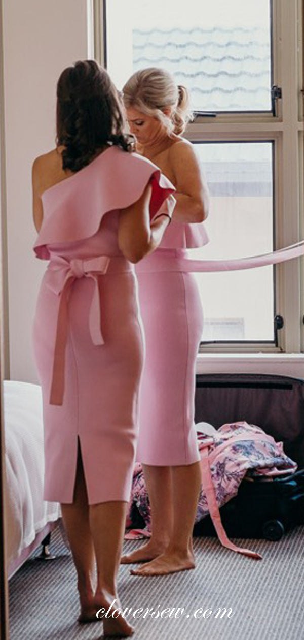 Pink Satin Ruffles One Shoulder Sheath Knee Length Bridesmaid Dresses, CB0077