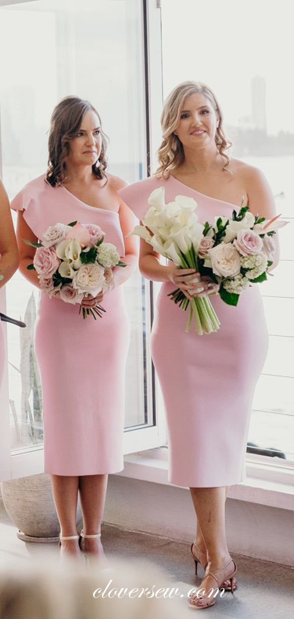 Pink Satin Ruffles One Shoulder Sheath Knee Length Bridesmaid Dresses, CB0077
