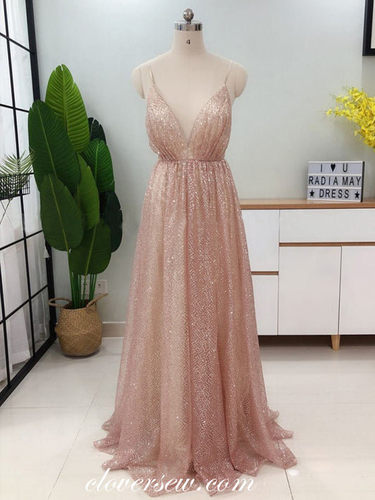 Pink Sequin Tulle Spaghetti Strap A-line Prom Dresses,CP0134