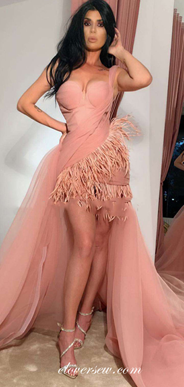Pink Tulle Feather Sweetheart Sheath High Low Prom Dresses,CP0429