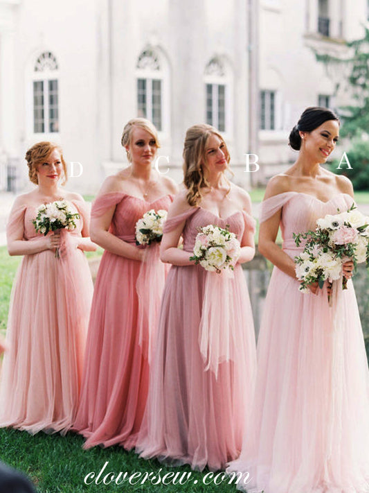 Pink Tulle Off The Shoulder A-line Long Bridesmaid Dresses, CB0053