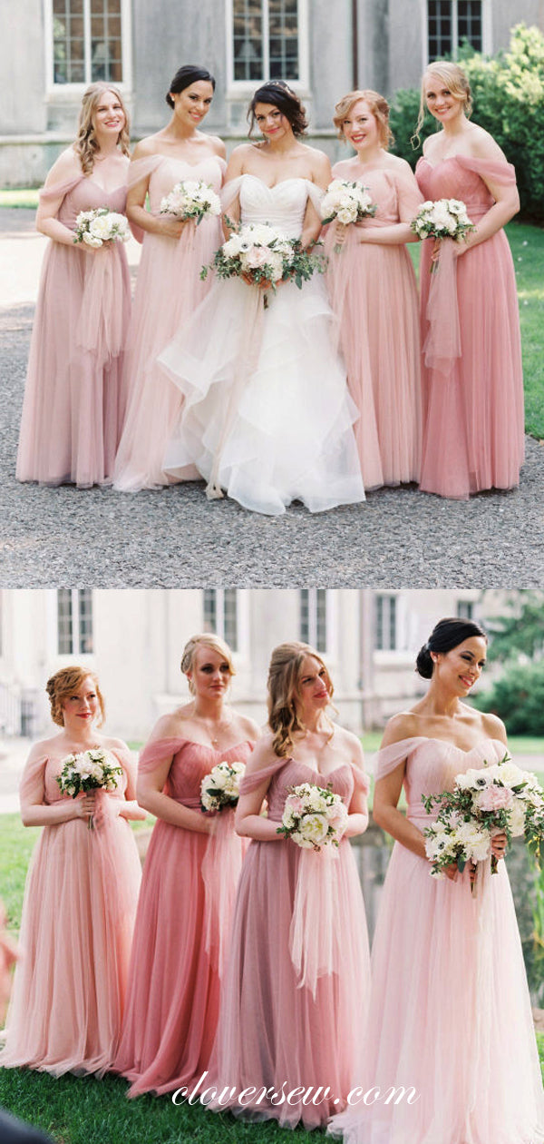 Pink Tulle Off The Shoulder A-line Long Bridesmaid Dresses, CB0053