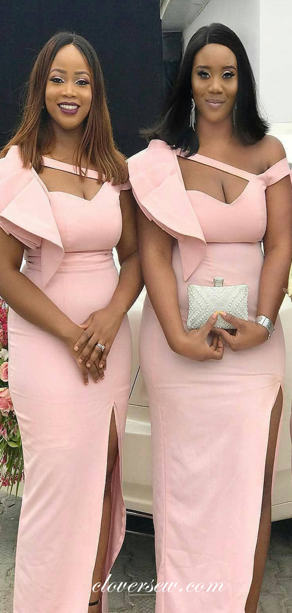 Pink Unique Shoulder Design Side Slit Sheath Column Bridesmaid Dresses,CB0102