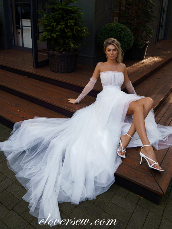Pleating Tulle Strapless With Stylish Sleeves Simple Cheap Wedding Dresses, CW0346