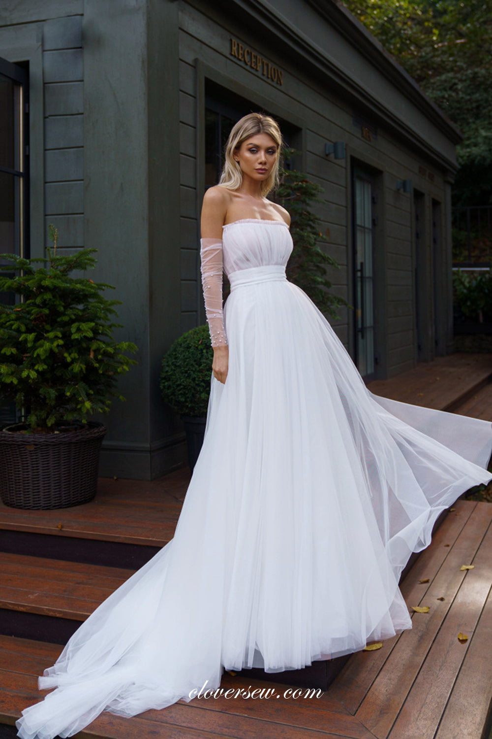Pleating Tulle Strapless With Stylish Sleeves Simple Cheap Wedding Dresses, CW0346