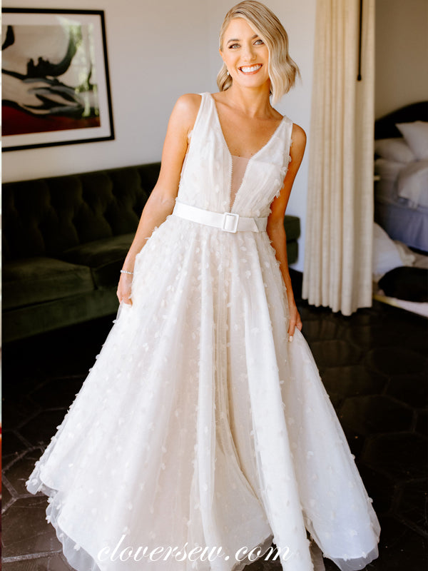 Popular 3D Applique Tulle Modern Sleeveless A-line Wedding Dresses, CW0256