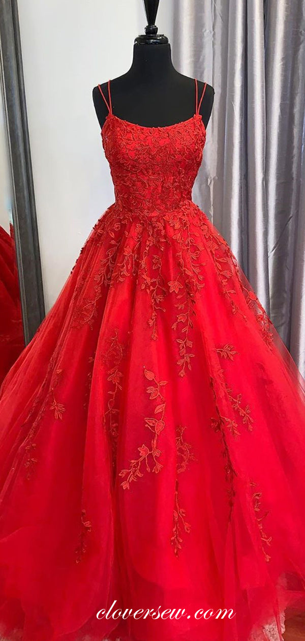 Popular Red Lace Applique Lace Up Back A-line Prom Dresses,CP0280