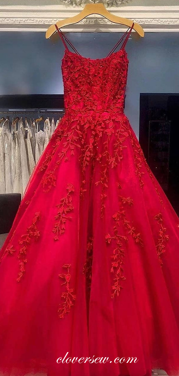 Popular Red Lace Applique Lace Up Back A-line Prom Dresses,CP0280
