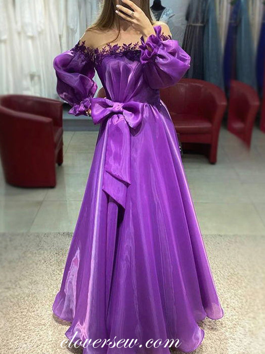 Purple Organza Puffy Sleeves With Applique A-line Prom Dresses, CP0834