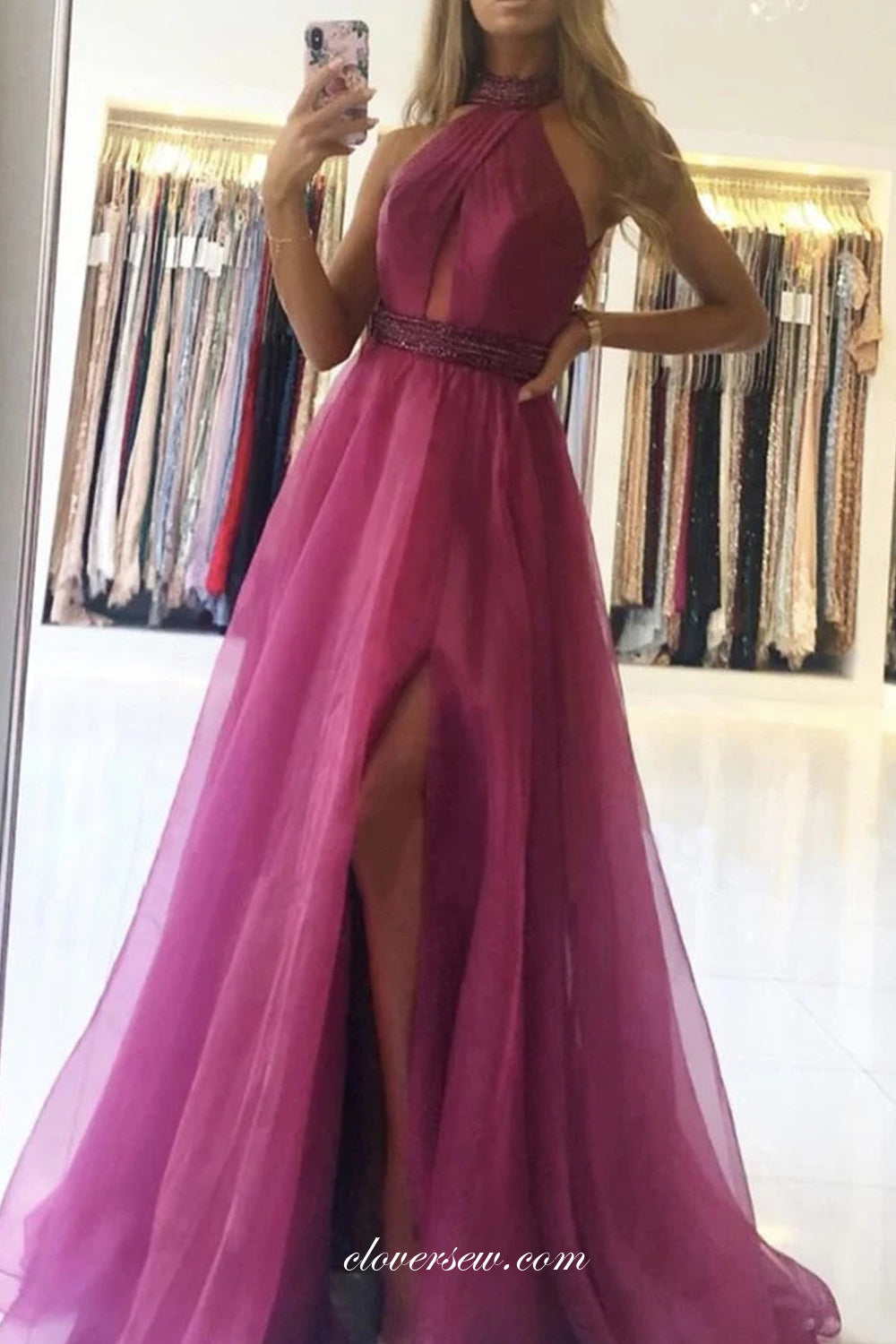 Purple Tulle Beading Halter Open Back A-line With Slit Prom Dresses, CP1009