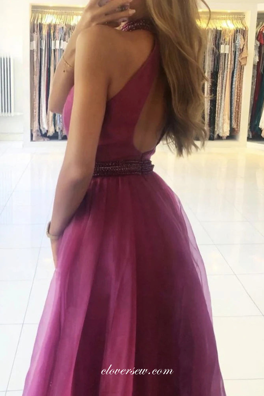 Purple Tulle Beading Halter Open Back A-line With Slit Prom Dresses, CP1009