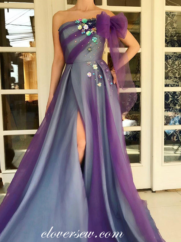Purple Tulle Handmade Flowers Bead Strapless A-line Prom Dresses, CP0492