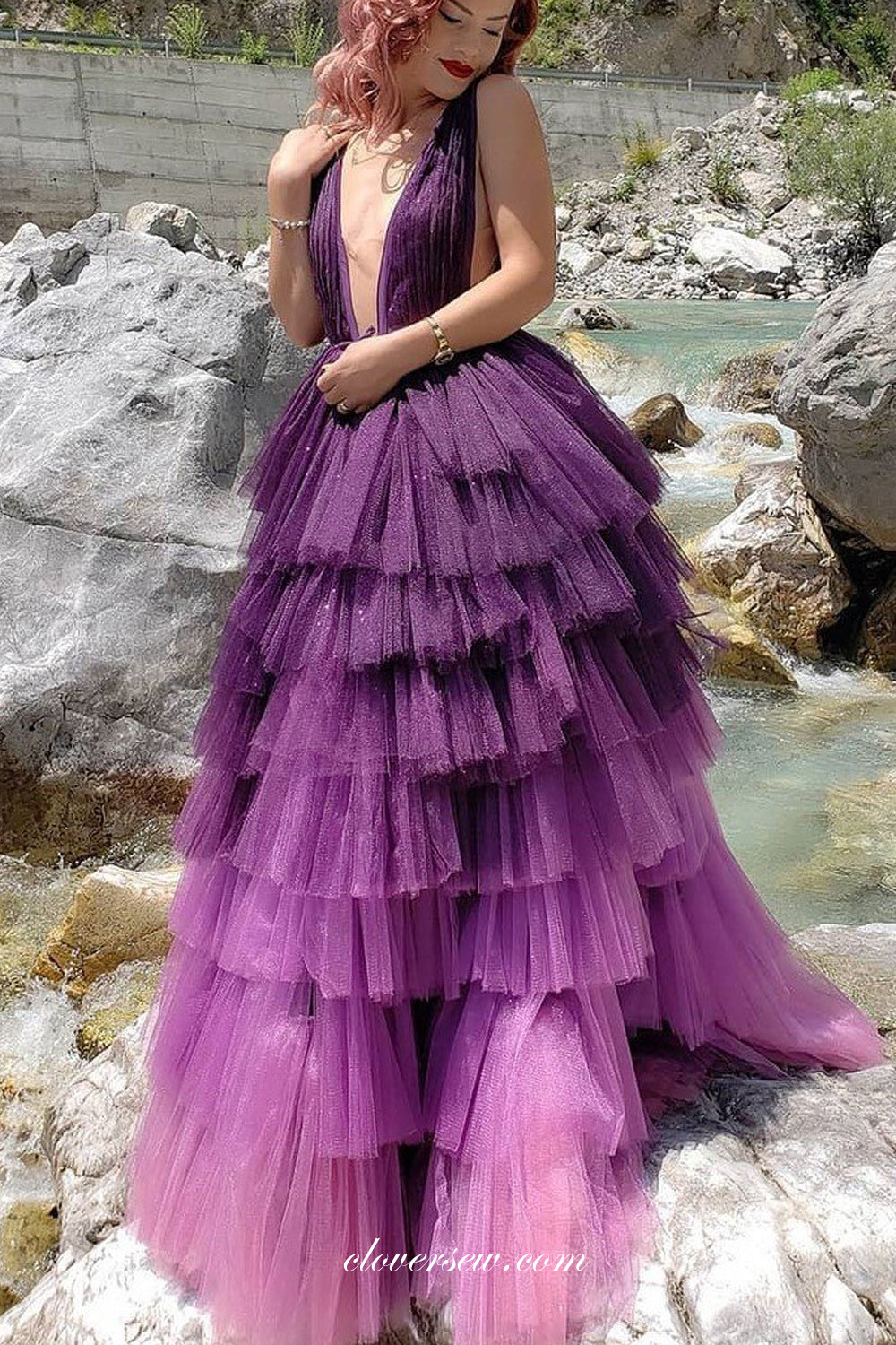 Purple Tulle Tiered A-line Deep V-neck Backless Prom Dresses, CP0747