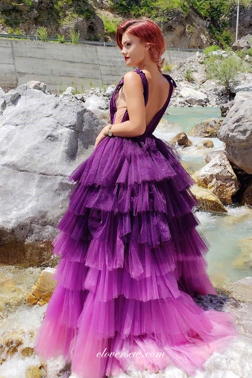 Purple Tulle Tiered A-line Deep V-neck Backless Prom Dresses, CP0747