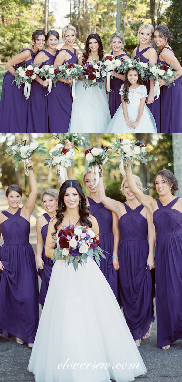 Purple Chiffon Sleeveless Column Long Bridesmaid Dresses, CB0086