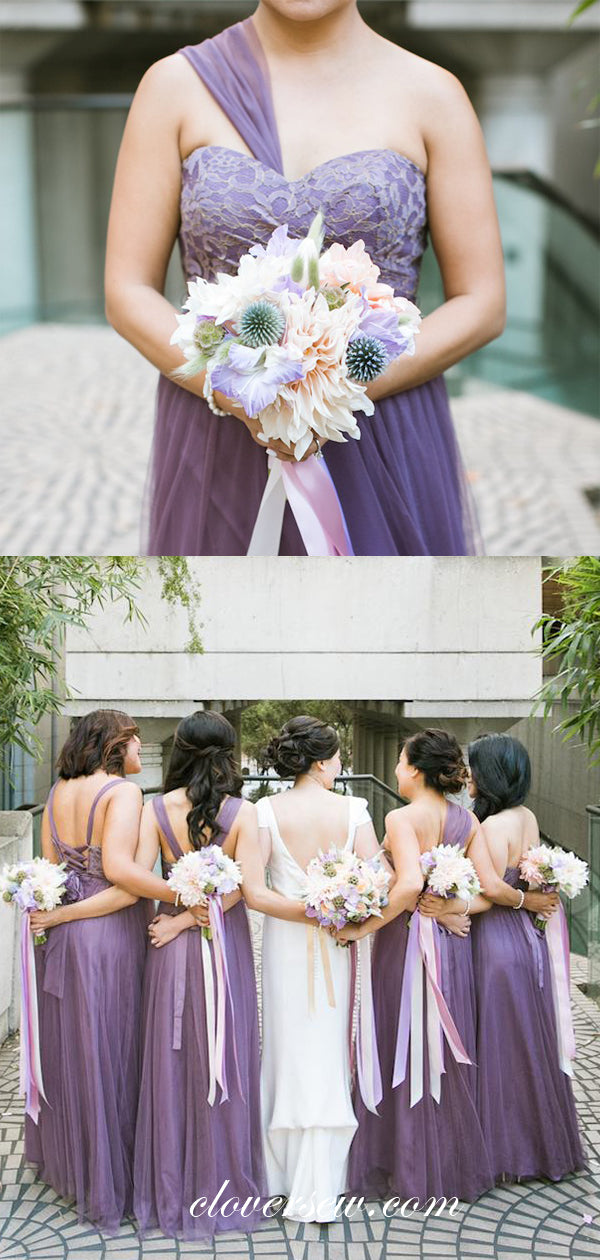 Purple Lace Tulle Mismatched Sweetheart Long Bridesmaid Dresses, CB0074