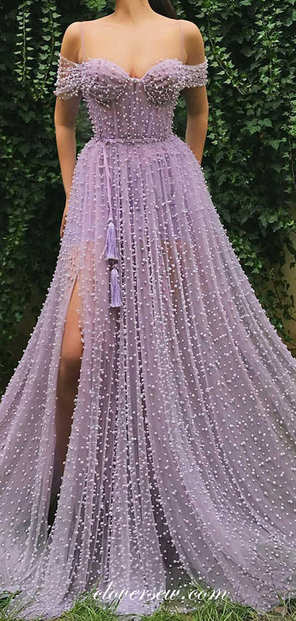 Purple Pearls Tulle Off The Shoulder Side Slit A-line Prom Dresses, CP0463