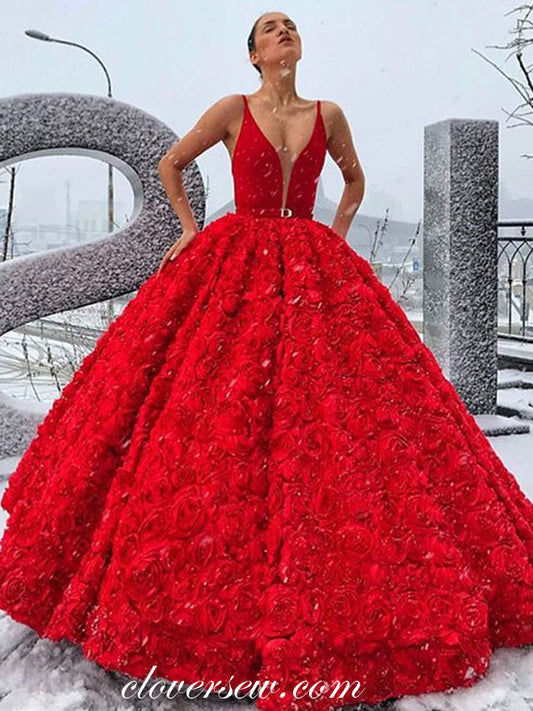 Red 3D Rosy Satin Stunning Ball Gown Charming Prom Dresses, CP0555