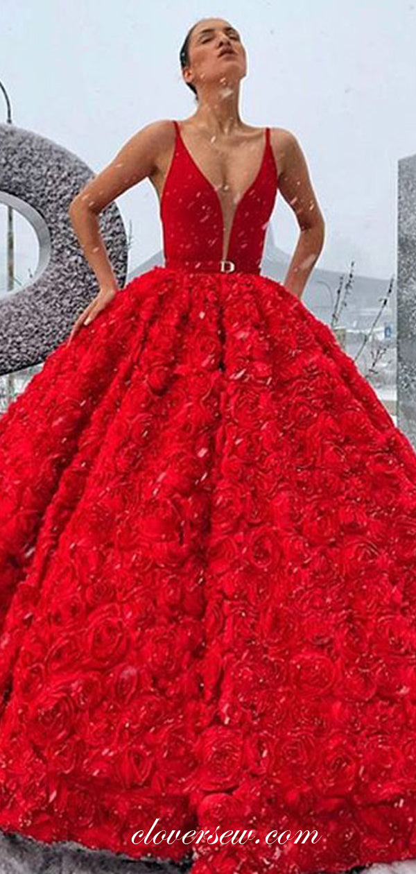 Red 3D Rosy Satin Stunning Ball Gown Charming Prom Dresses, CP0555