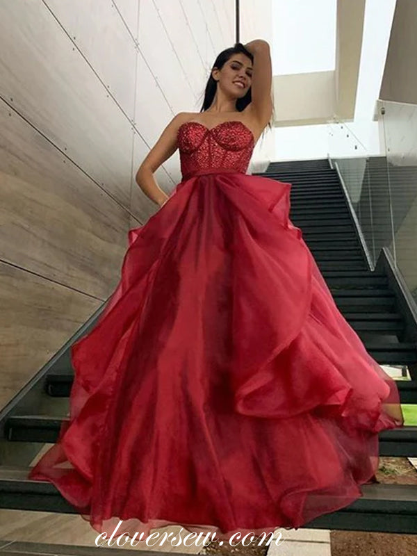 Red Beading Organza Ruffles Ball Gown Strapless Prom Gowns, CP0994